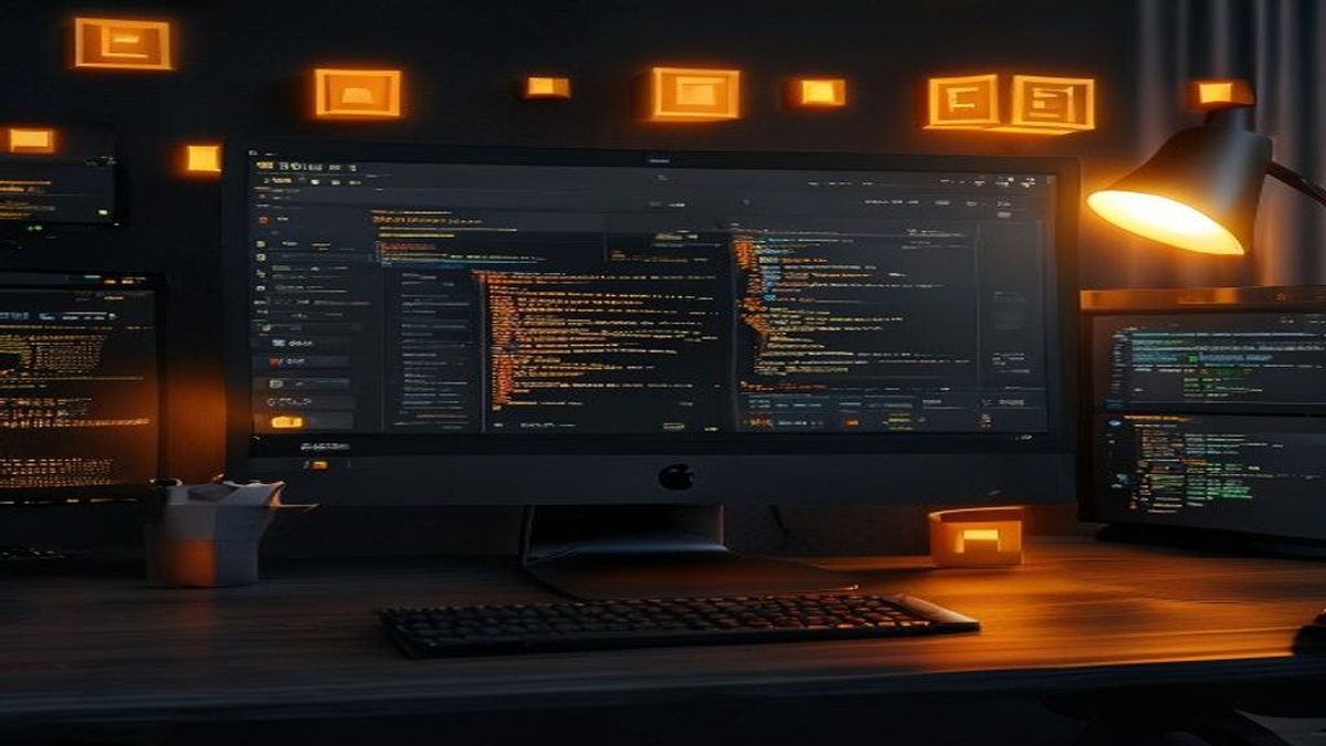 Setup développeur dark mode : code sur écran + containers Docker flottants ambre